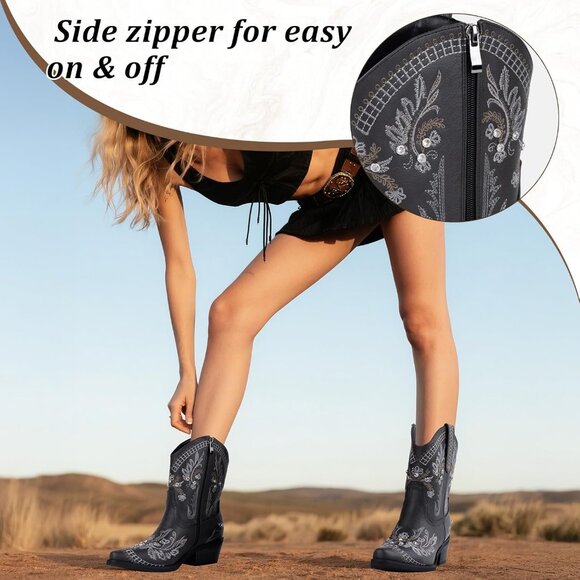 Women's Black Embroidered Side Zipper Comfortable Chunky Heel Western Boot - Picture 3 of 6